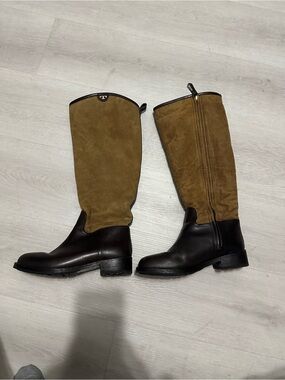 Tory Burch Two-Tone Leather and Suede Knee Boots - Dark Brown & Tan